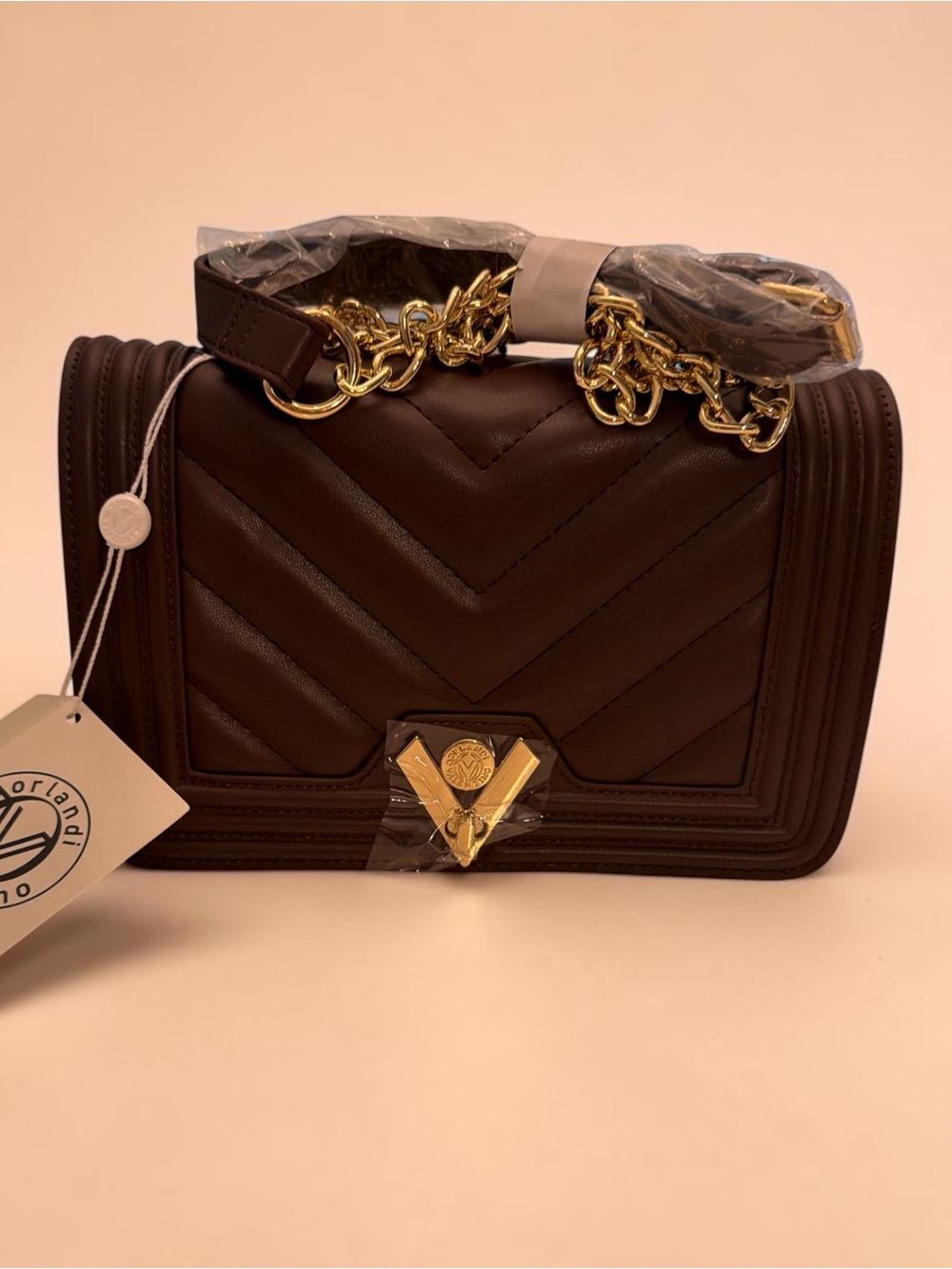 Valentino Orlandi Brown Quilted Chevron Crossbody with Gold Chain